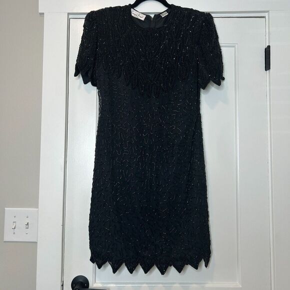 Vintage Laurence Kazar Black Beaded Shift Dress Size Small 100% Silk - Picture 1 of 6